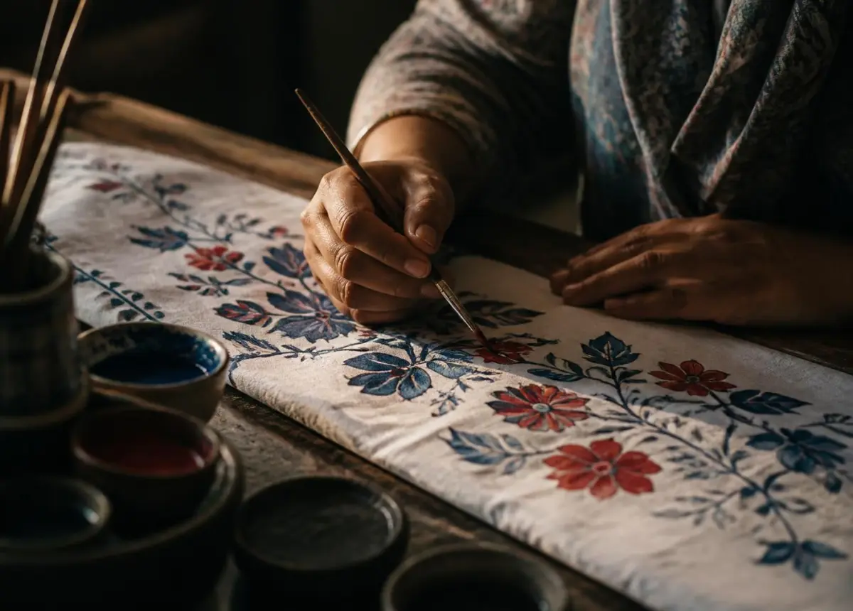 An artisan hand-painting motifs onto white fabric